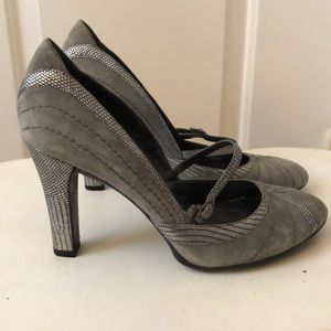 Grey/silver suede and snakeskin Cole Haan heels